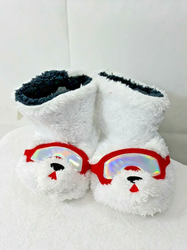 Cat & Jack Kids White Polar Bear  With Red Goggle Booties Slippers Slip On Plush