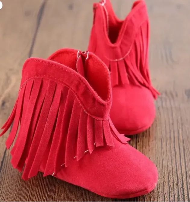 Baby Toddler Red Suede Fringe Boots | Girls Red Cowboy Slippers | NEW!