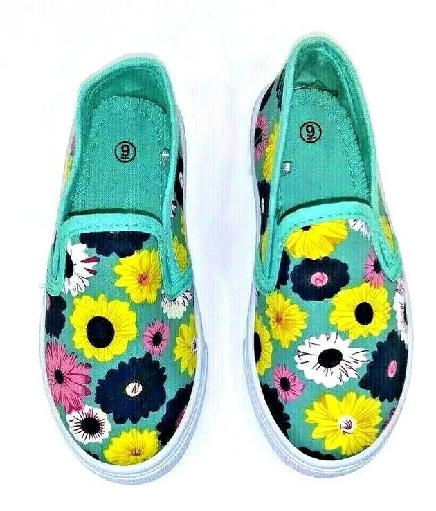 Swiggles Floral Slides Slip On Shoes Teal Blue Pink Blue Yellow Flowers Girls