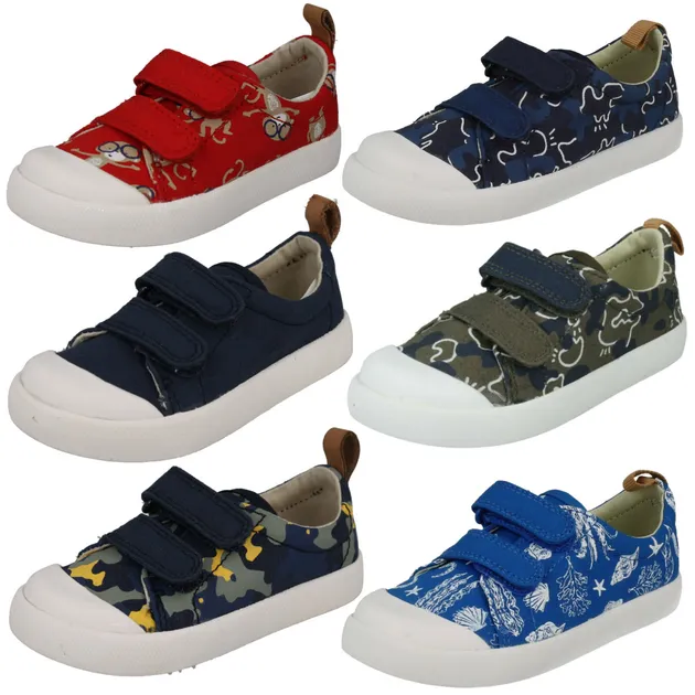 BOYS CLARKS HALCY HIGH INFANT HOOK & LOOP PLIMSOLLS TODDLER CANVAS SHOES SIZE