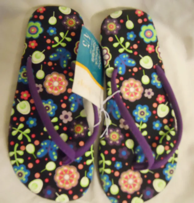 Girls Filp Flops Sandals Shoes XL Black Graphic Floral Nubuck