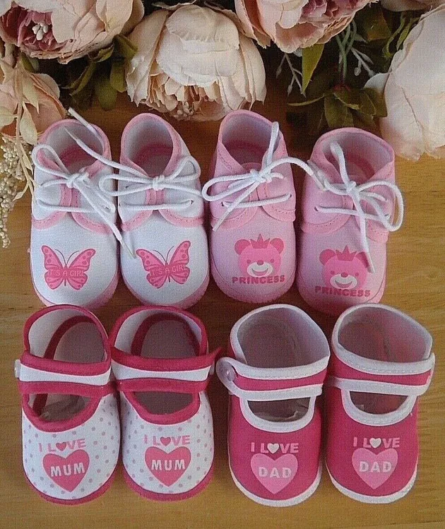 Baby Pram Shoes Canvas Girl I Love Mum I Love Dad Canvas Pink White Printed 0 3m