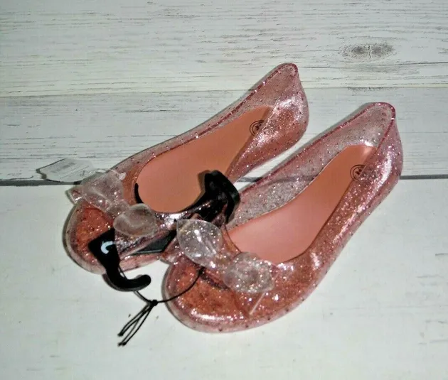 New Girl's Jelly Casual Shoes Sandals Glittery Pink w/ Bow #16 Size 2 3 or 4