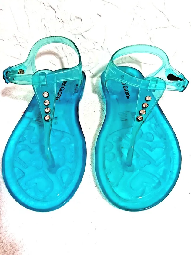 SANDALS ADJUSTABLE CONTOURED YOUTH GIRLS SIZE "4" Teal Diamond Chips Sandals