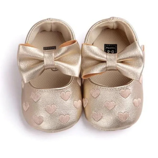 NEW Baby Girl Gold Hearts Bow Faux Leather Mary Jane Crib Shoes Valentine's Day