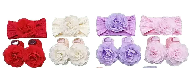 0 to 12 Months Baby Girl Soft Shoes matching Head Band with large Rose 4 colours